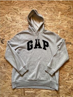 GAP Light Gray Pullover Hoodie with Black Logo-Large